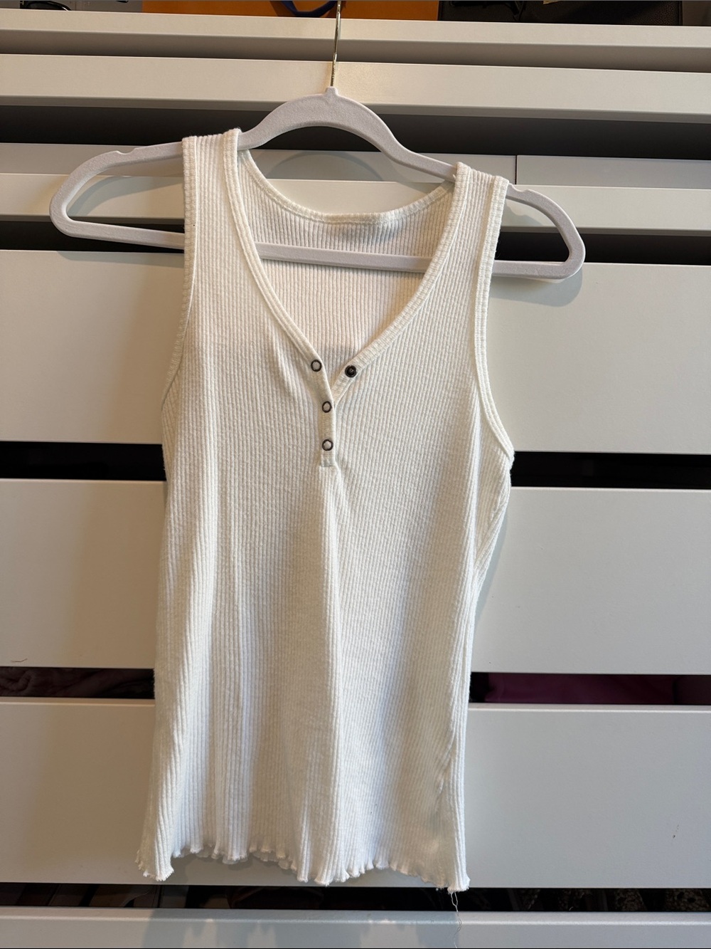 Ribbed Sleeveless Henley Tank Top - White